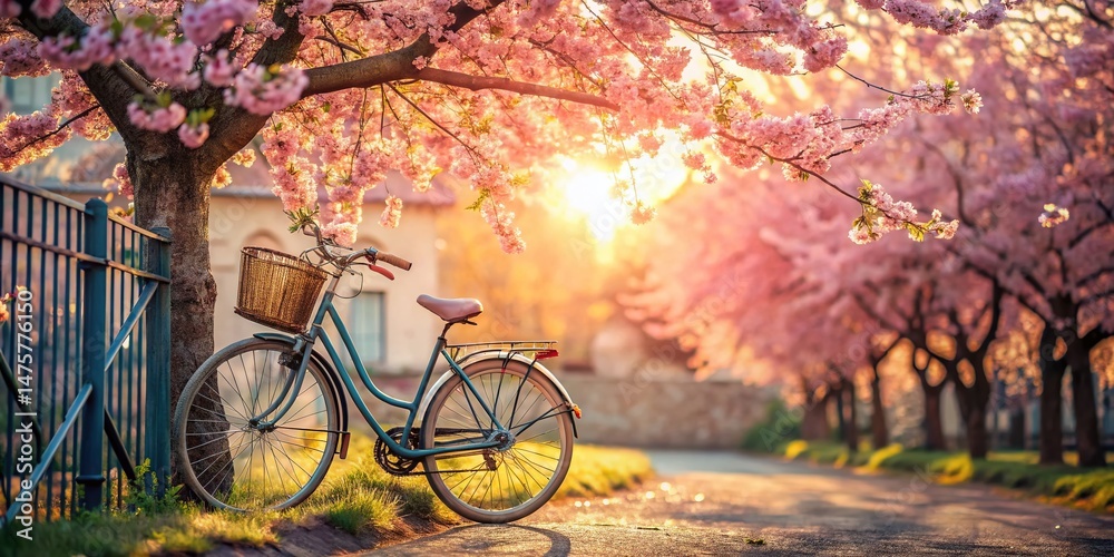 Fototapeta premium Serene Spring Bicycle Stand Under Cherry Blossoms - Urban Exploration Photography