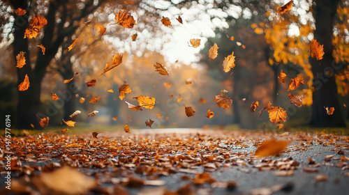 Vibrant autumn leaves are dynamically falling, creating a beautiful natural moment on a road lined with trees du a colorful fall season experience.