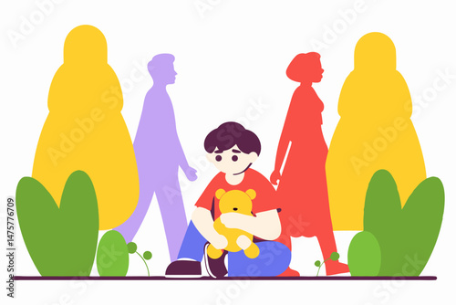 A child sits alone, hugging a teddy bear, while blurred figures of adults walk past in the background, suggesting loneliness, separation, or a sense of being overlooked.