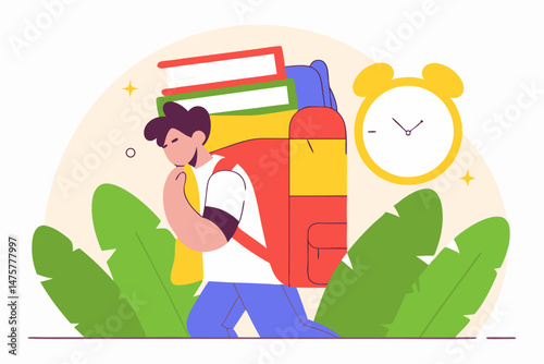 A student with an overloaded backpack and a stack of books struggles to walk past a large alarm clock, suggesting the pressures and time constraints of academic life.