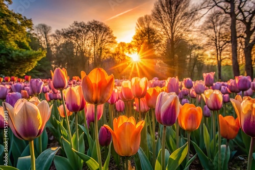 Silhouette of Orange & Pink Tulips in Dutch Garden at Sunset