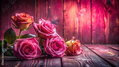 Silhouette of Roses on Pink Wooden Background - Romantic Floral Stock Photo