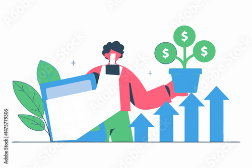 A person holds a laptop and a potted plant with dollar signs growing on it, positioned above upward-pointing arrows, symbolizing business growth, investment, and financial success in the digital age.