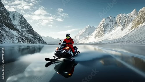 Snowmobile rider gliding across a frozen lake surrounded by majestic snow-capped mountains