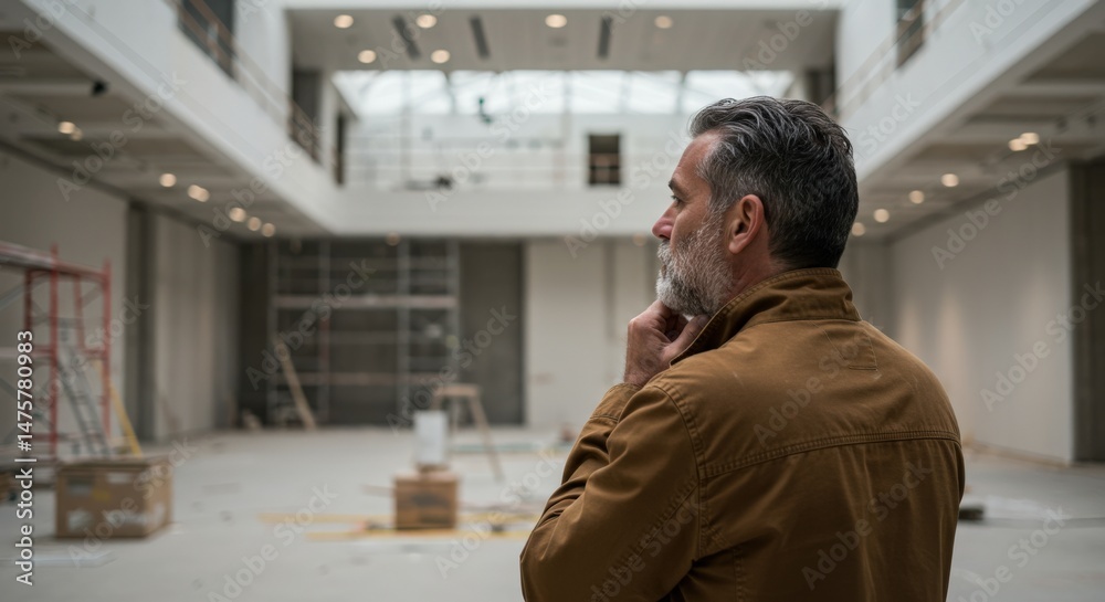 Obraz premium Middle-aged Caucasian man with beard and brown jacket contemplating a large empty building under construction or renovation