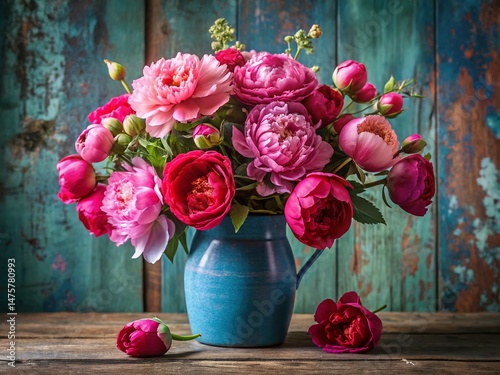 Spring Bouquet: Peonies, Roses & Spring Flowers in Blue Vase