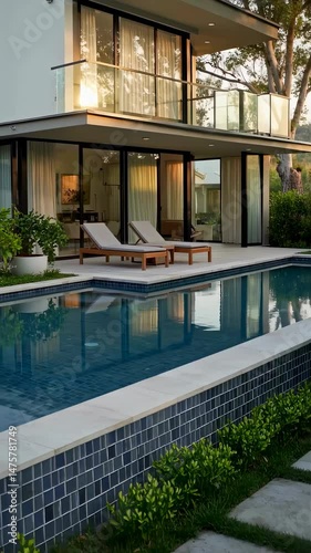 Modern luxury villa with poolside patio and sun loungers at sunset, glass facade with curtains and natural reflections. Real estate, travel lifestyle, living and hospitality concepts. Vertical video