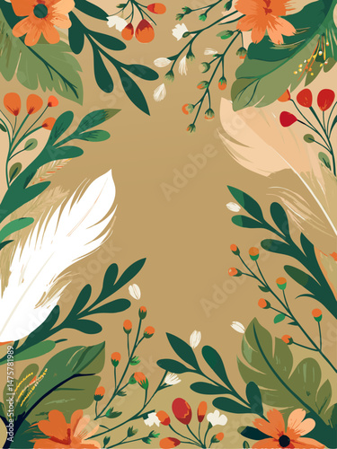 A vibrant vertical illustration featuring a frame of lush green leaves, orange flowers, and white feathers, on a warm, earthy background.