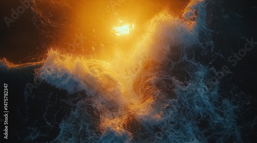 Abstract dynamic patterns are created by ocean waves glistening with golden light, forming textured water shapes in a fluid and mesmerizing display of nature.