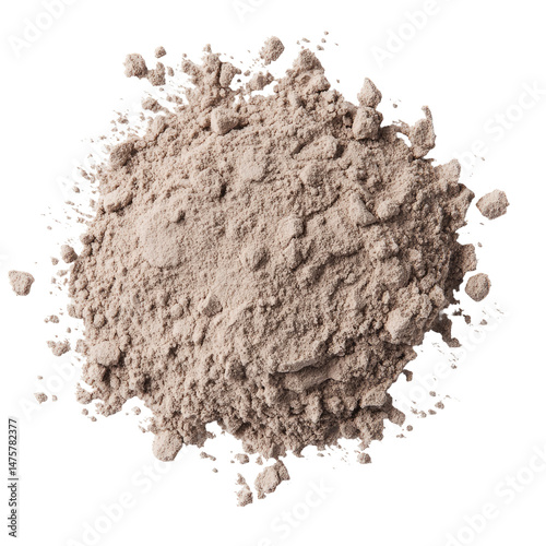 Light brownish-gray powder pile, top view.  A heap of fine-grained, dry powder