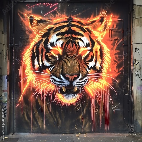 Street art of a majestic tiger prowling through the streets with neon graffiti.