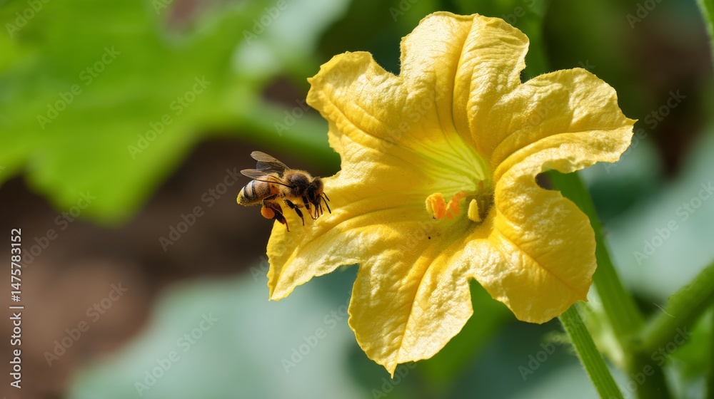 Fototapeta premium Close-Up of a Honey Bee Pollinating a Vibrant Yellow Flower in a Lush Garden Setting Under Bright Sunny Conditions