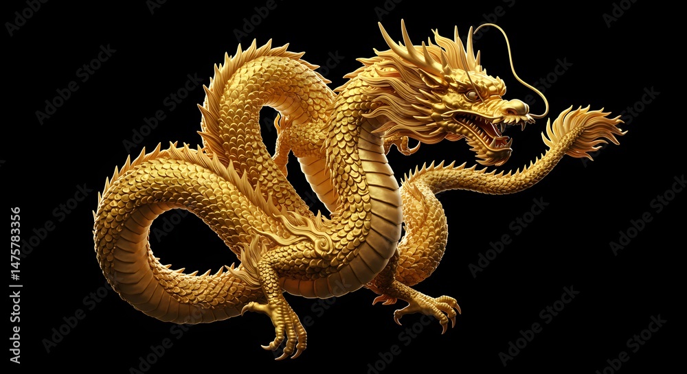Obraz premium Golden Dragon Ornament on Black Background Exotic Mythical Creature