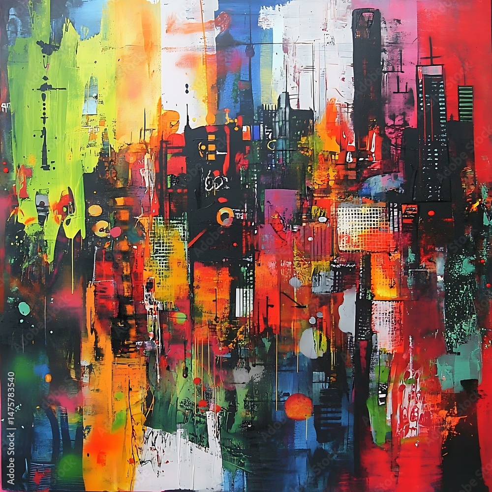 Graffiti art of an abstract cityscape with random, colorful tags. Graffiti art of an abstract cityscape with random, colorful tags.