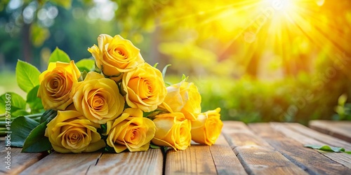 Sunlit Yellow Rose Bouquet on Light Wooden Table - Closeup Outdoor Stock Photo