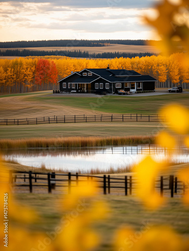 Black and White House on Grassy Hills with Reflecting Lake and Colorful Trees photo