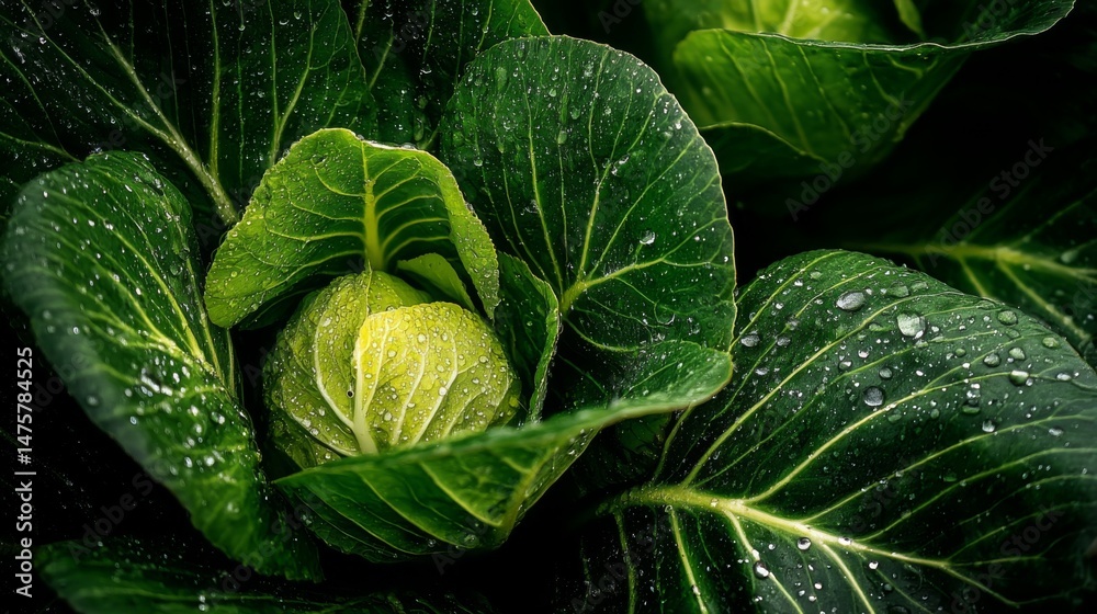 Fototapeta premium Fresh Green Cabbage with Raindrops Glistening on Leaves, Natural and Vibrant Healthy Vegetable Close-Up