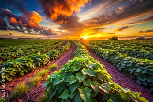 Surreal Farmland: Dreamlike Sweet Potato Vines, Lush Green Fields, Twisted Roots, Magical Sunset