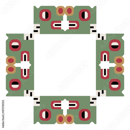 Square geometrical frame with stylized jaguar heads. Ethnic Native American design from ancient Peru.