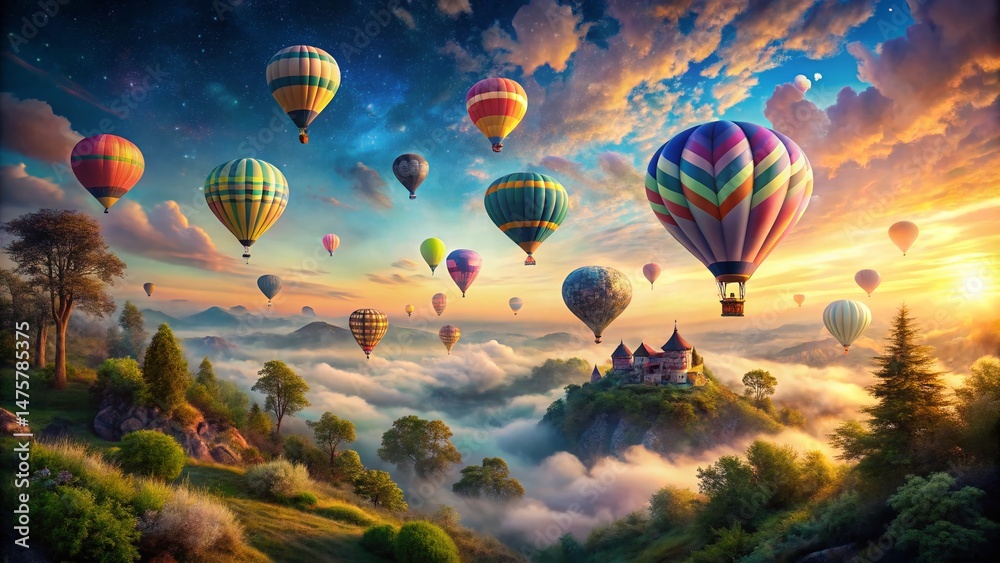 Fototapeta premium Surreal Hot Air Balloon Dreamscape: Vibrant Floating Balloons in a Colorful Sky