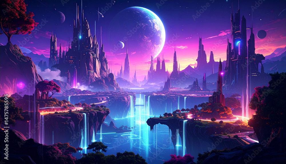 Fototapeta premium Surreal floating islands, melting waterfalls, illuminated by neon moons background or wallpaper