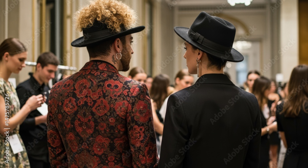 Obraz premium Two young adults, a man in a patterned jacket and a woman in black, wearing stylish hats, stand in a crowded indoor space, possibly backstage at an event.