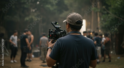 Rear view of a person wearing a cap and t-shirt, holding a professional video camera and filming a scene outdoors with a film crew in the background.