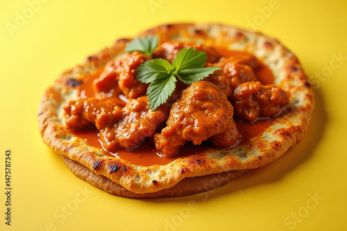 Tempting Chicken Tikka Masala Photography: Rustic Kitchen Table, Golden Hour Radiance, Clean Style