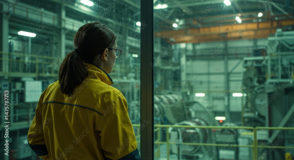 Obraz premium Rear view of a woman wearing a yellow jacket and glasses, looking out a window at the complex machinery and overhead cranes inside a large industrial factory.