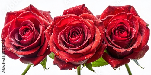 Three Fresh Red Roses Isolated on White Background - High-Resolution Aerial Stock Photo