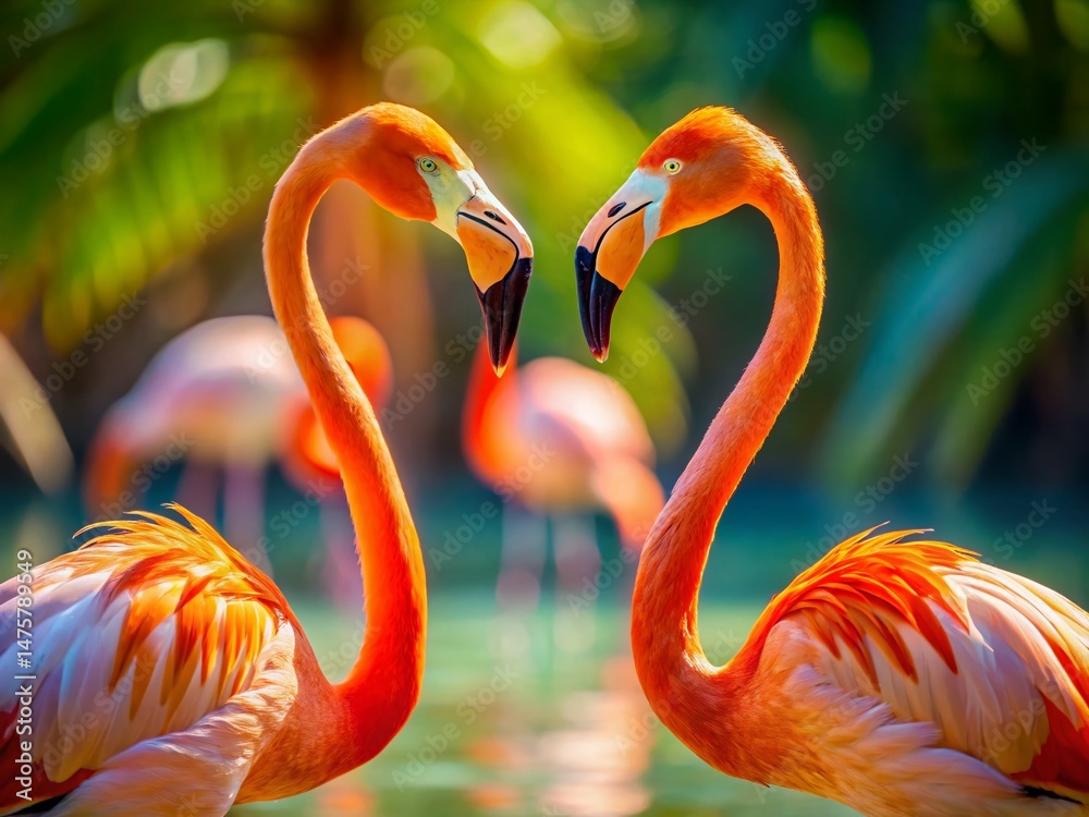 Obraz premium Two Flamingos Building a Heart Shape - Romantic Wildlife Stock Photo