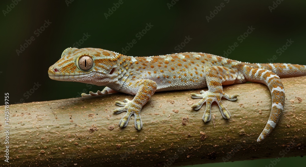 Naklejka premium Spotted Gecko Resting on a Branch Close-up Still