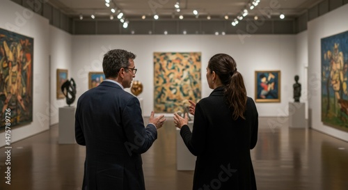 Middle-aged white man in suit and young adult white woman in jacket discussing artwork in a modern art gallery