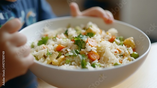Close-up of a child's hands holding a bowl of delicious fried rice photo