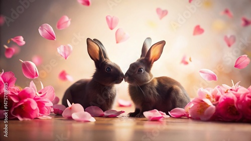 Valentine's Day Bunnies: Adorable Silhouette in Pink Petals & Hearts