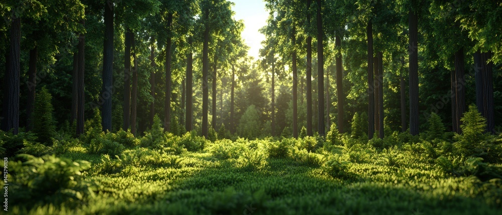 Obraz premium Sunlight streams through the tall trees, illuminating the lush green forest floor below beautifully.