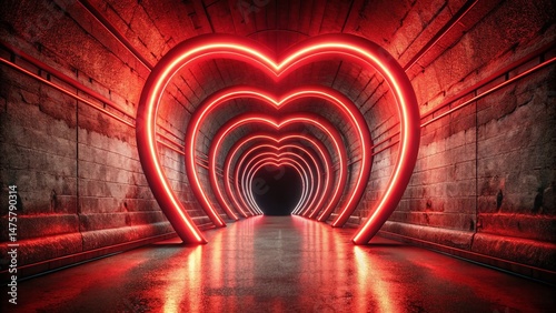 Valentine's Day:  Romantic Red Neon Heart in Tunnel - Tilt-Shift Photography