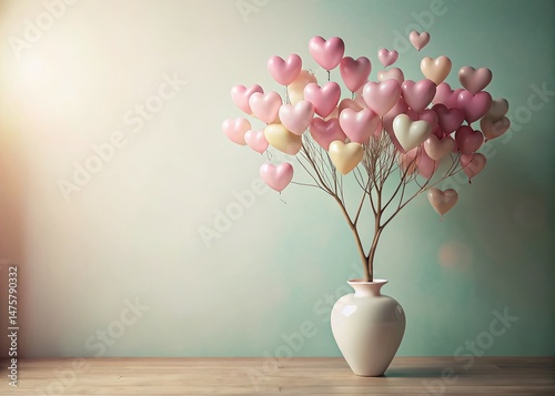 Valentine's Day Vase with Heart Balloon Tree - Romantic Decor Stock Photo