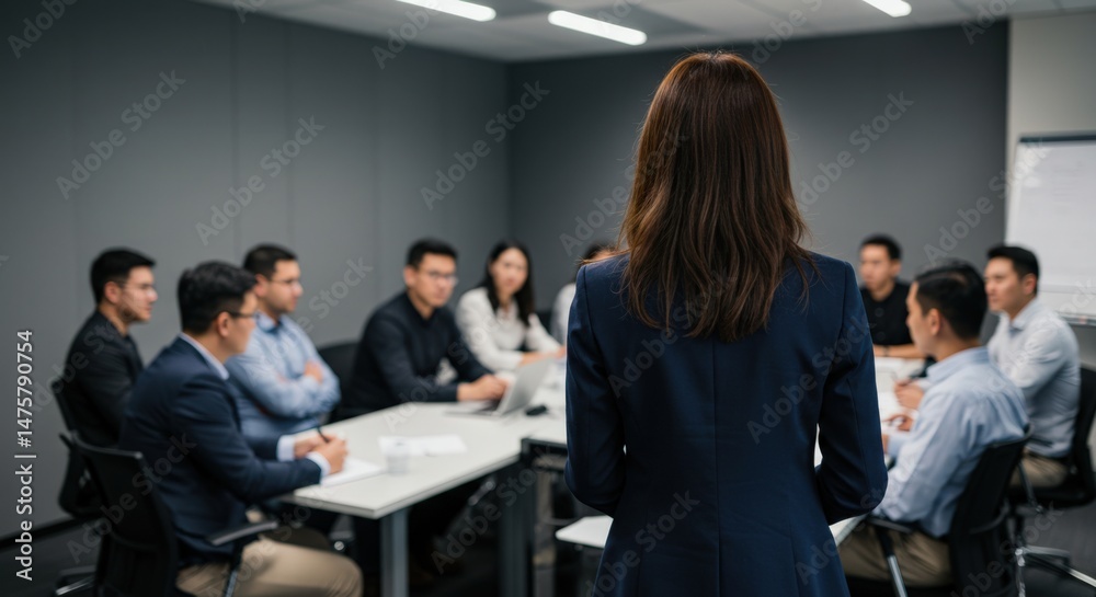 Fototapeta premium Rear view of an Asian woman in a dark suit standing and giving a business presentation to a diverse group of Asian professionals sitting around a conference table in a modern office meeting room.