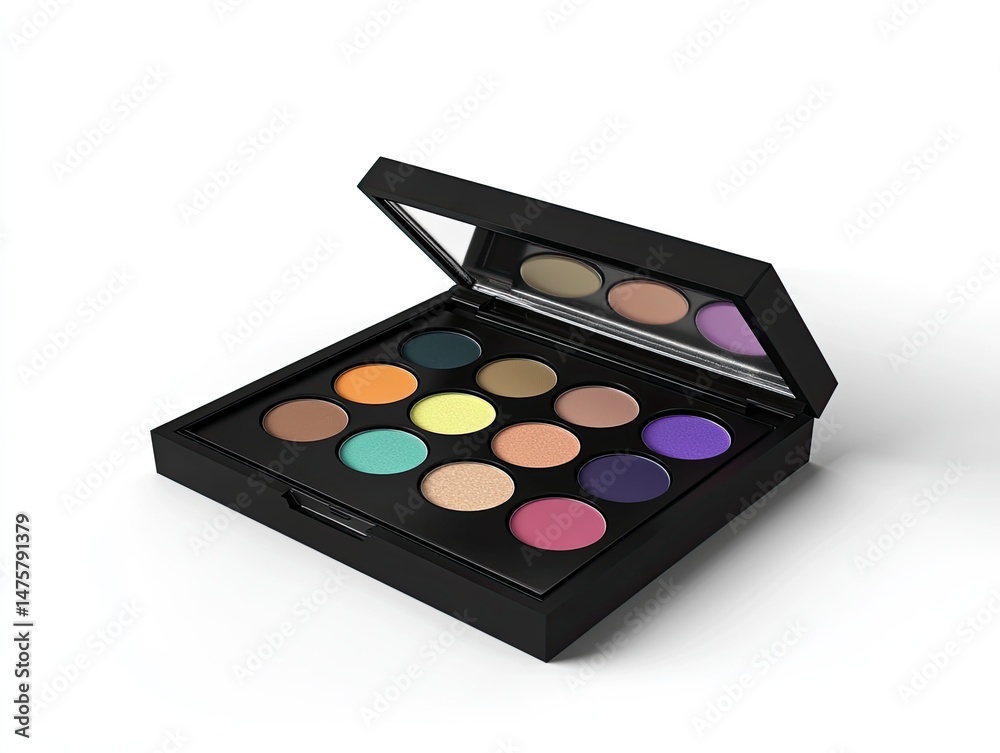 Black eyeshadow palette with twelve vibrant shades, mirror included Black eyeshadow palette with twelve vibrant shades, mirror included