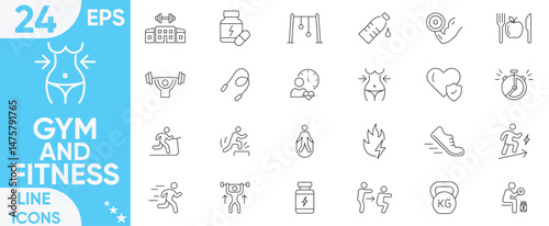 Gym and Fitness outline icon set.Fitness, training, barbell, muscles, healthy, Lifestyle, Weight Training, exercise, diet, body care, workout and more.Vector and illustrator set.