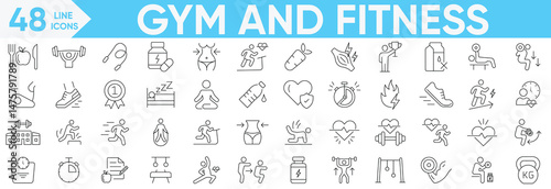 Gym and Fitness outline icon set.Fitness, training, barbell, muscles, healthy, Lifestyle, Weight Training, exercise, diet, body care, workout and more.Vector and illustrator set.