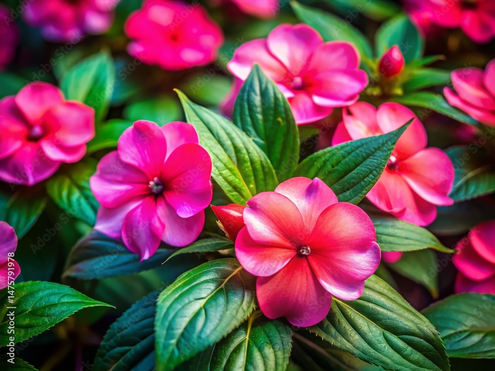 Vibrant Impatiens Balsamina Flowers Aerial View, Isolated Group Blooming Vibrant Impatiens Balsamina Flowers Aerial View, Isolated Group Blooming