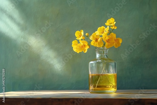 Sunlit yellow flowers in a glass bottle filled with golden liquid, rest on a wooden surface against a teal background