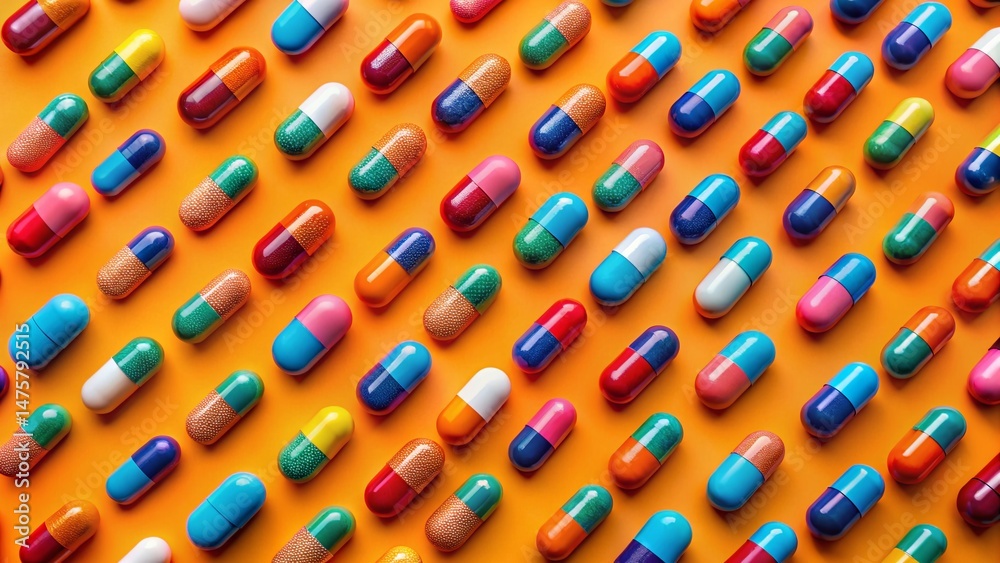 Fototapeta premium Vibrant Pill Pattern Wallpaper: Colorful Capsules on Orange Background