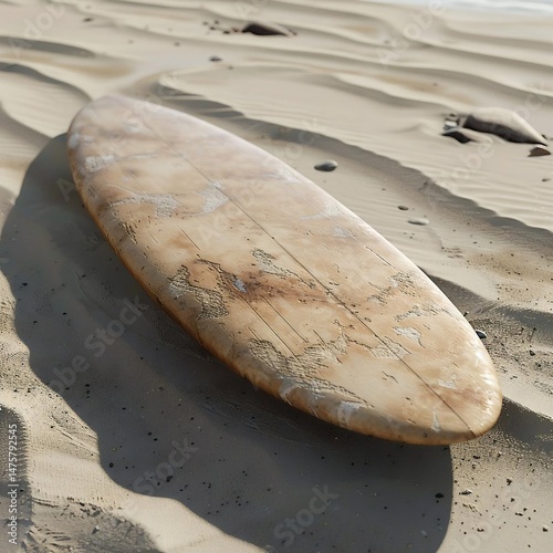 A weathered surfboard lies on a sandy beach, with footprints and rocks suggesting recent activity, as the sun casts a long shadow behind.