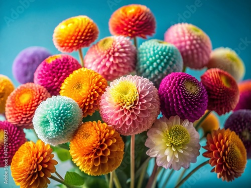 Vibrant Pom-Pom Flower Bouquet Macro Photography on Blue