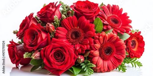 Vibrant Red Roses and Gerberas Bouquet Isolated on White Background - Stock Photo