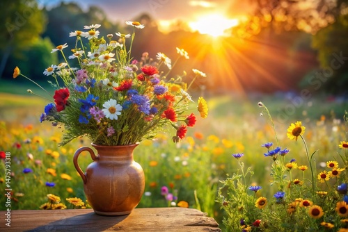 Vibrant Spring Flowers in Ceramic Vase, Sunny Meadow Landscape