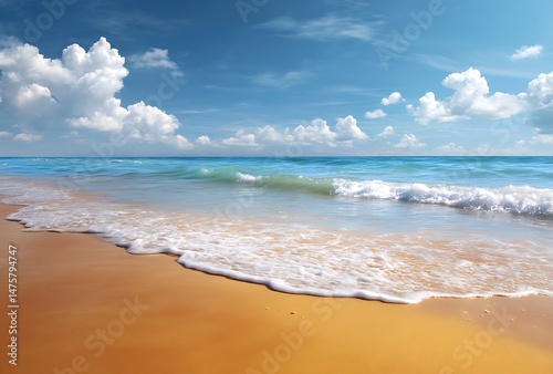 A beautiful yellow sand beach with a blue water and sky background